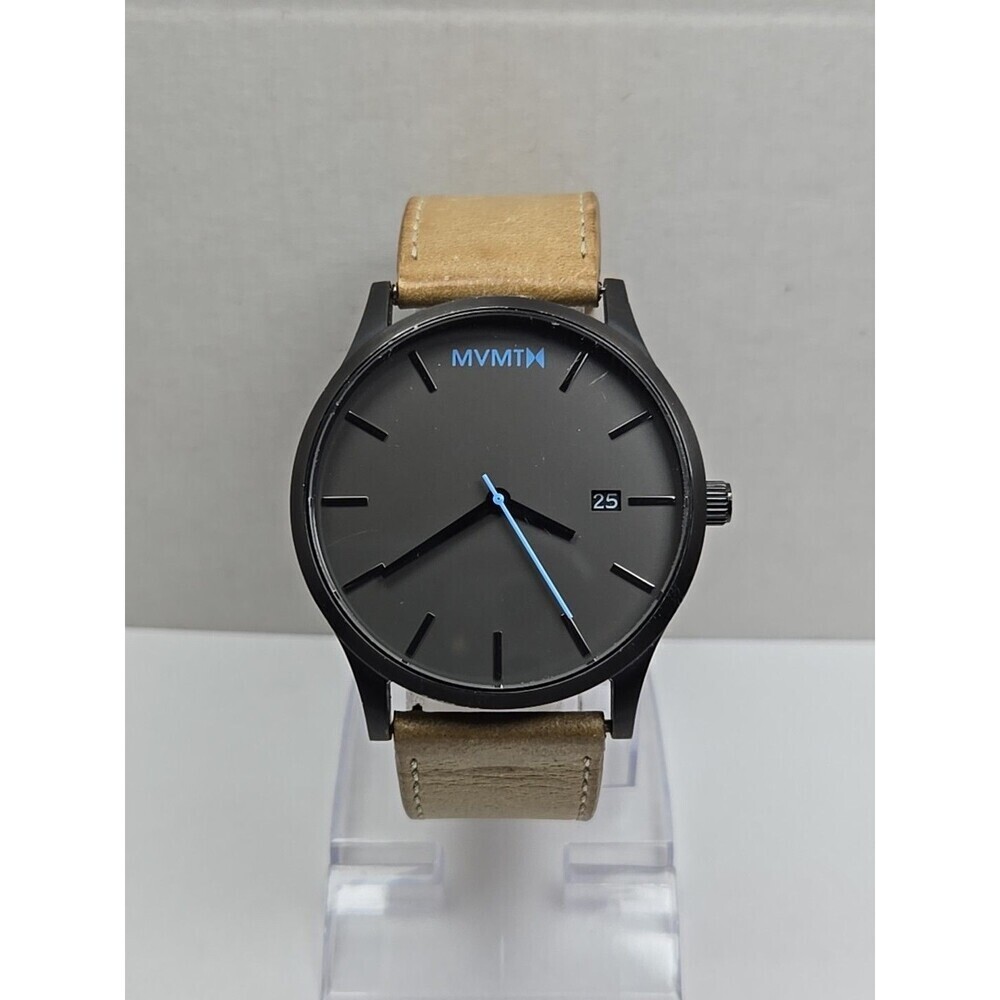 MVMT Classic Watch Gray Dial Tan Leather Date Quartz New Battery 45mm Mens